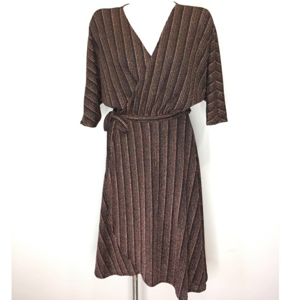 Zara bronze black shimmer striped midi wrap dress metallic sparkle women's M